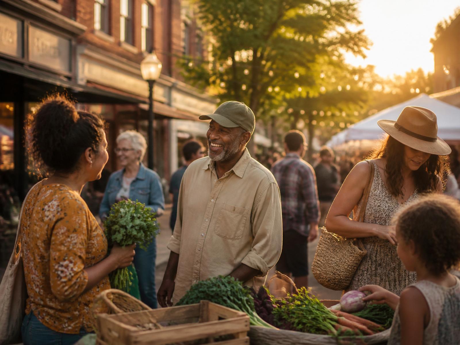 Neighbors talking at a golden-hour farmers market on a local main street