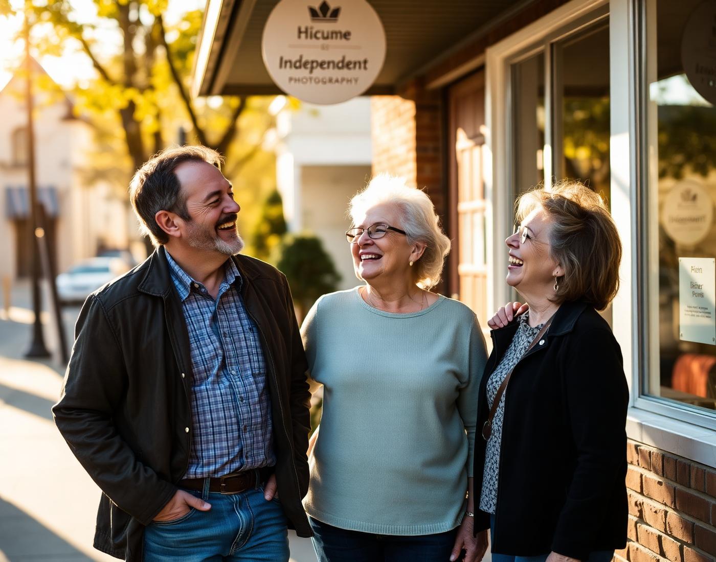 Neighbors laughing together outside an independent storefront
