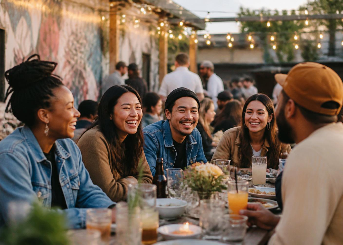 Friends laughing around a long communal table under string lights