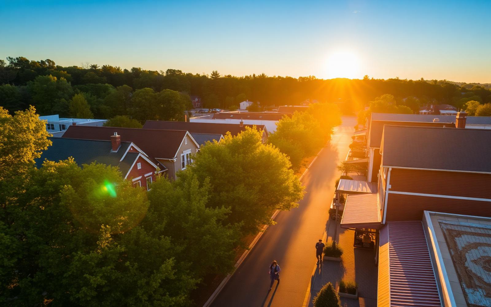Golden-hour view over a small-town main street
